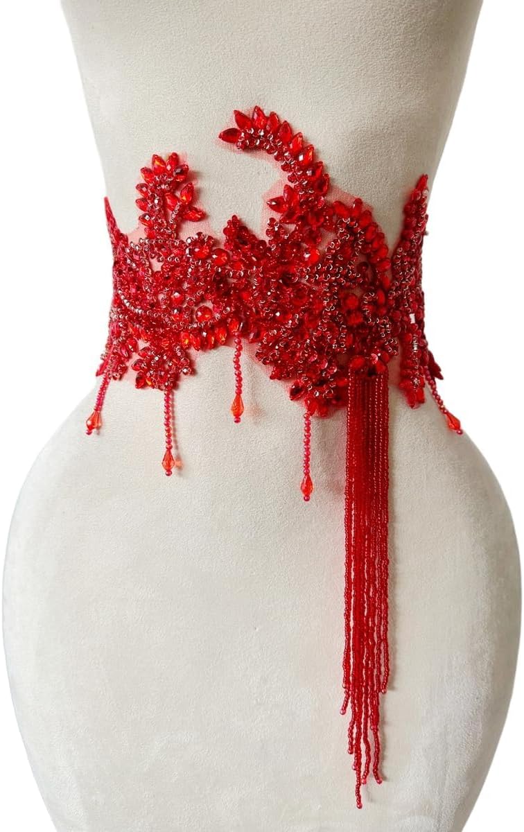Pure Handmade Rhinestone Fringe Patch Trim Crystal Beaded Applique for Sewing Crafts Wedding Party Decoration Bridal Dress Accessories 16.1X16.9inches (Red)