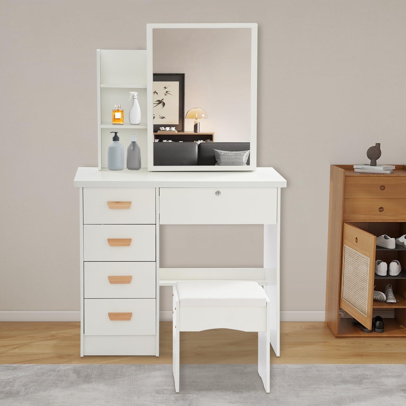 Tocador con espejo, mesa de maquillaje 5 cajones, 80 × 35 × 128 cm, con taburete, hasta 100 kg, blanco | moderno | con cerradura