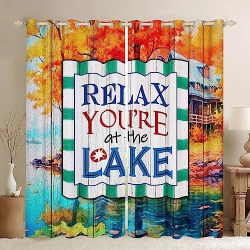 Rustic Wooden Door Window Curtain Lake House Curtains Kids Girls Boys Teens Room Decor Watercolor Fall Lake View Window Treatment Curtain Relax You're at The Lake Window Drapes,Top 2 Panel,42Wx84L