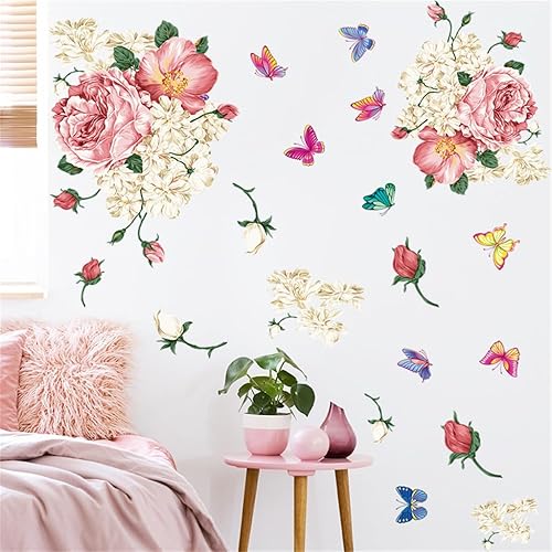 Miniatura 4 de Calcomanías de pared de flores, hermosas peonías, rosas, calcomanías de pared de acuarela, flores, mariposas, vinilo para despegar y pegar, plantas