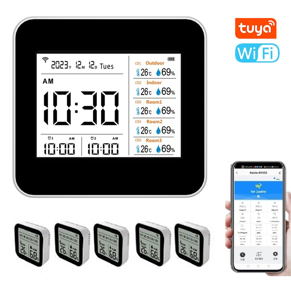 Termómetro Higrómetro Inteligente WIFI para Oficina en Casa, Monitoreo en Tiempo Real Medidor de Humedad de Temperatura 13 1 con Pantalla Hora/alarma, Material ABS Blanco (con 5 subunidades)