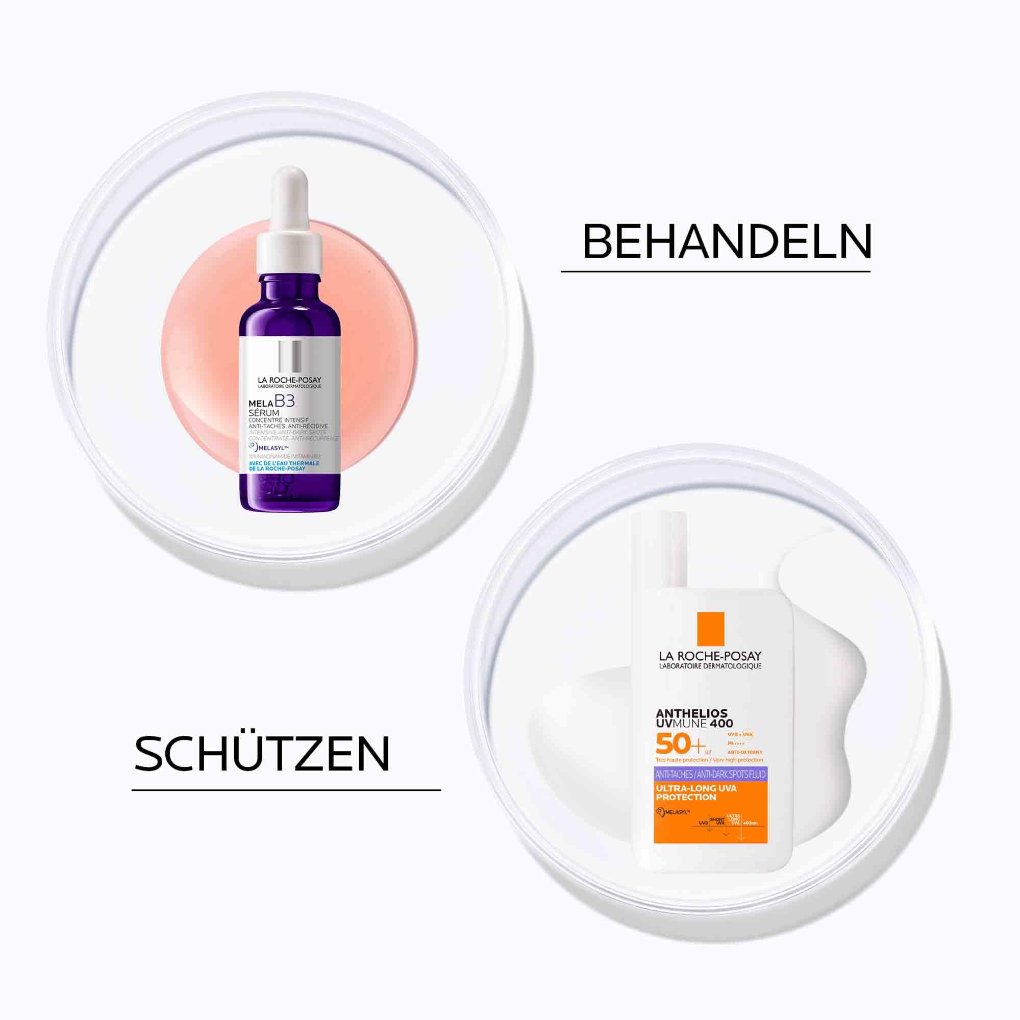 La Roche-Posay Set mit Mela B3 Serum und Anthelios UVMune 400 Anti-Pigmentflecken Fluid, Bei Hyperpigmentierung, Mildert Pigmentflecken & unebenmäßige Haut, Mit Melasyl, Mexoryl & LSF50, 30 ml + 50 ml