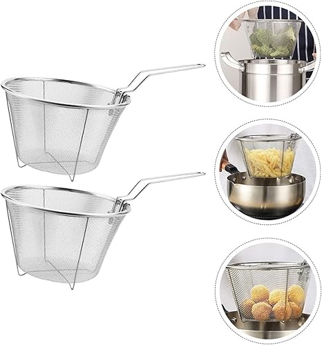 Miniatura 5 de Hemoton Cesta de freidora de acero inoxidable, 2 piezas, colador para freidora, cesta para freidora, cesta reutilizable, canasta de ala de pollo,