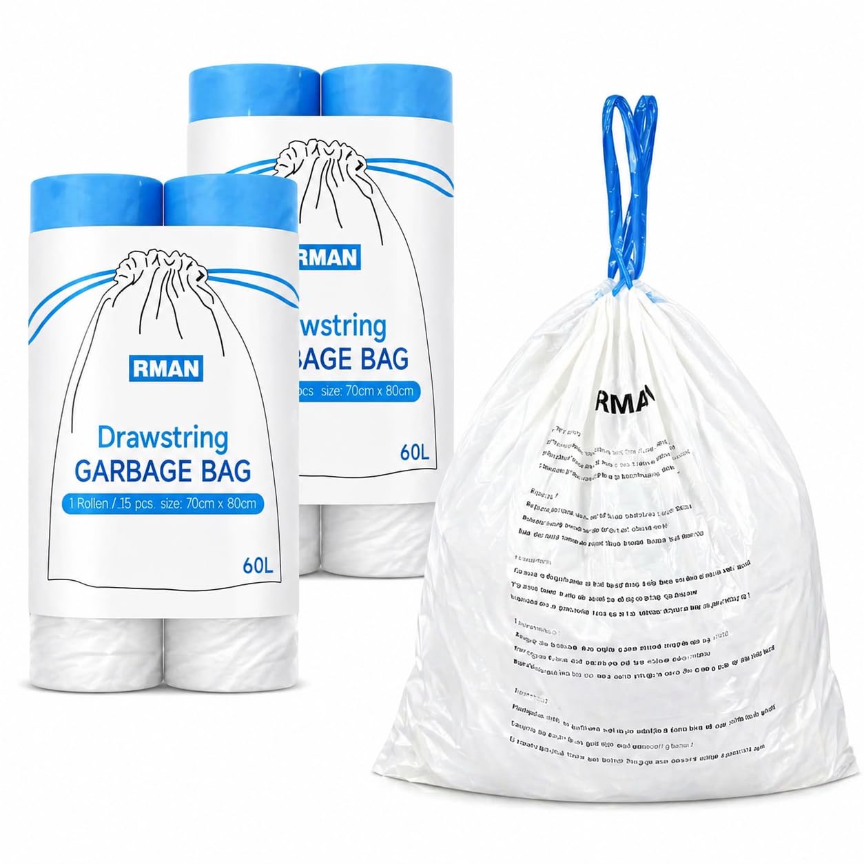 RMAN® Bolsas Basura, 60-70L Extra Resistentes Bolsas de Basura Resistente Antigoteo Grandes con Asas de Cierre 60 Bolsas para Hogar, Oficina, Jardín, 70 * 80cm, 4 Rollos