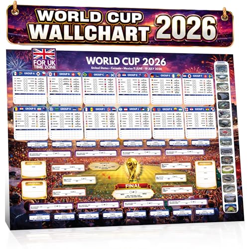 World Cup Wall Chart 2026 | Huge A1 Size 2026 World Cup Football Poster with UK Fixtures Dates Kick Off Times Host Stadiums | Includes 48 Teams Group Stage to Final | Folded A4 Envelope