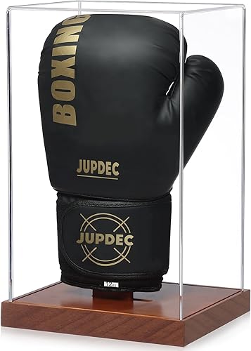 JupDec Estuche de exhibición de guantes de boxeo, escaparate de acrílico transparente con base de madera y tablón para un solo guante, caja de