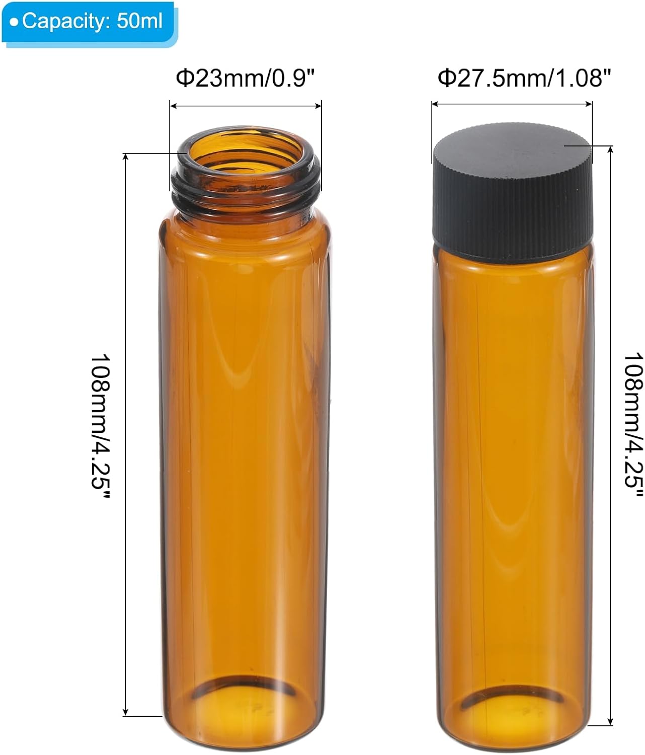 PATIKIL 50mL Media Storage Bottle, 15 Pack Reagent Media Bottle Glass Bottles with Plastic Screw Cap for Lab Home Classroom, Amber