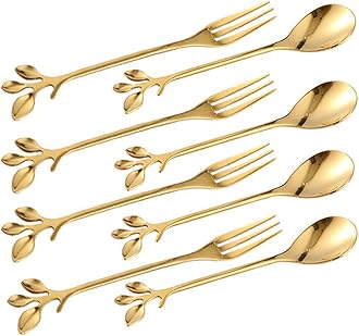 Turbokey Tableware Gold Leaf Coffee Spoon Fork,8 Pack(4 Spoons 4 Forks) Little Demitasse Espresso Spoon and Appetizer Dessert Forks Set,4.7 Inches Tea Spoon Set (Gold8)