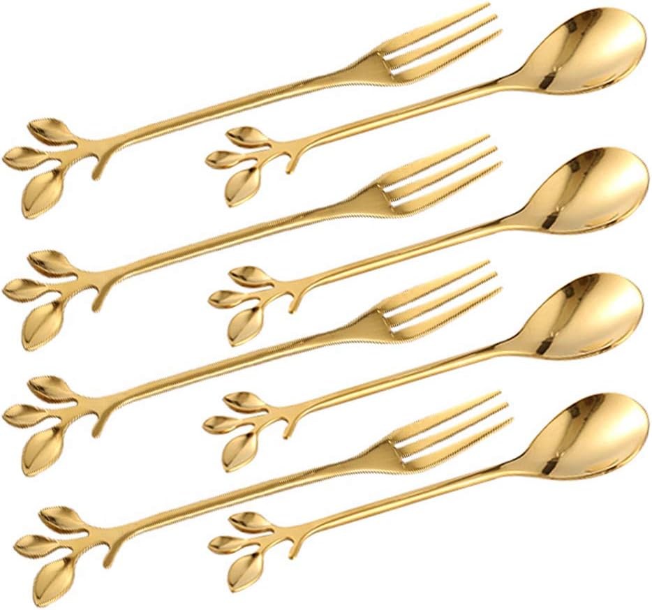 Turbokey Tableware Gold Leaf Coffee Spoon Fork,8 Pack(4 Spoons 4 Forks) Little Demitasse Espresso Spoon and Appetizer Dessert Forks Set,4.7 Inches Tea Spoon Set (Gold8)