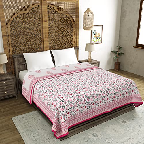 Image of BLOCKS OF INDIA 100% Cotton Dohar King Size Reversible Hand Block Printed Malmal Summer Dohar /Blanket (Multicolor Mughal Pink)
