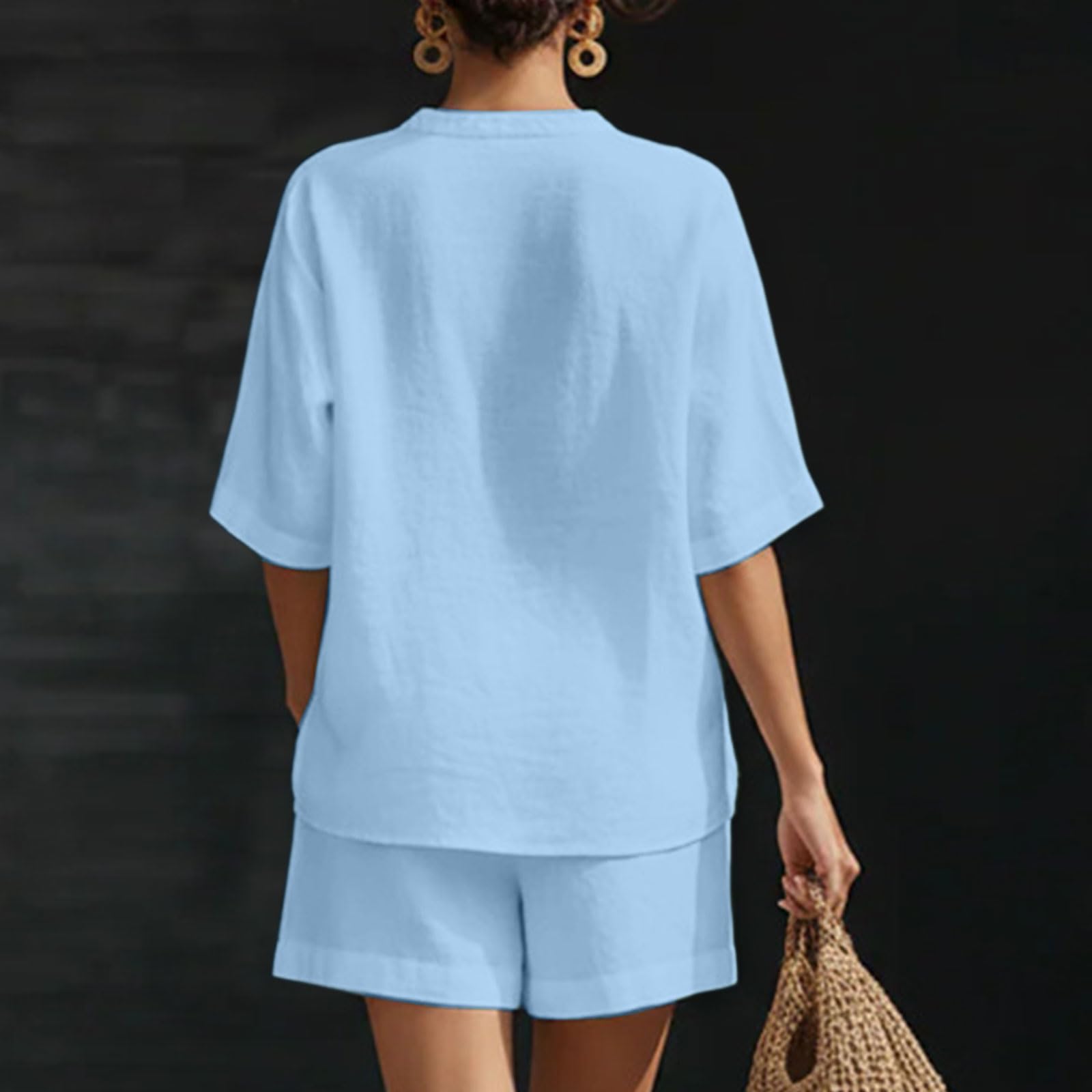 Zweiteiler Damen Sommer Leinenanzug Leinen Bluse und Kurze Hosen Einfarbig Sport Hosenanzug Elegant 2 Teilig Kurzarmshirt mit V-Ausschnitt und Shorts Lässiges Leinenanzug mit Taschen