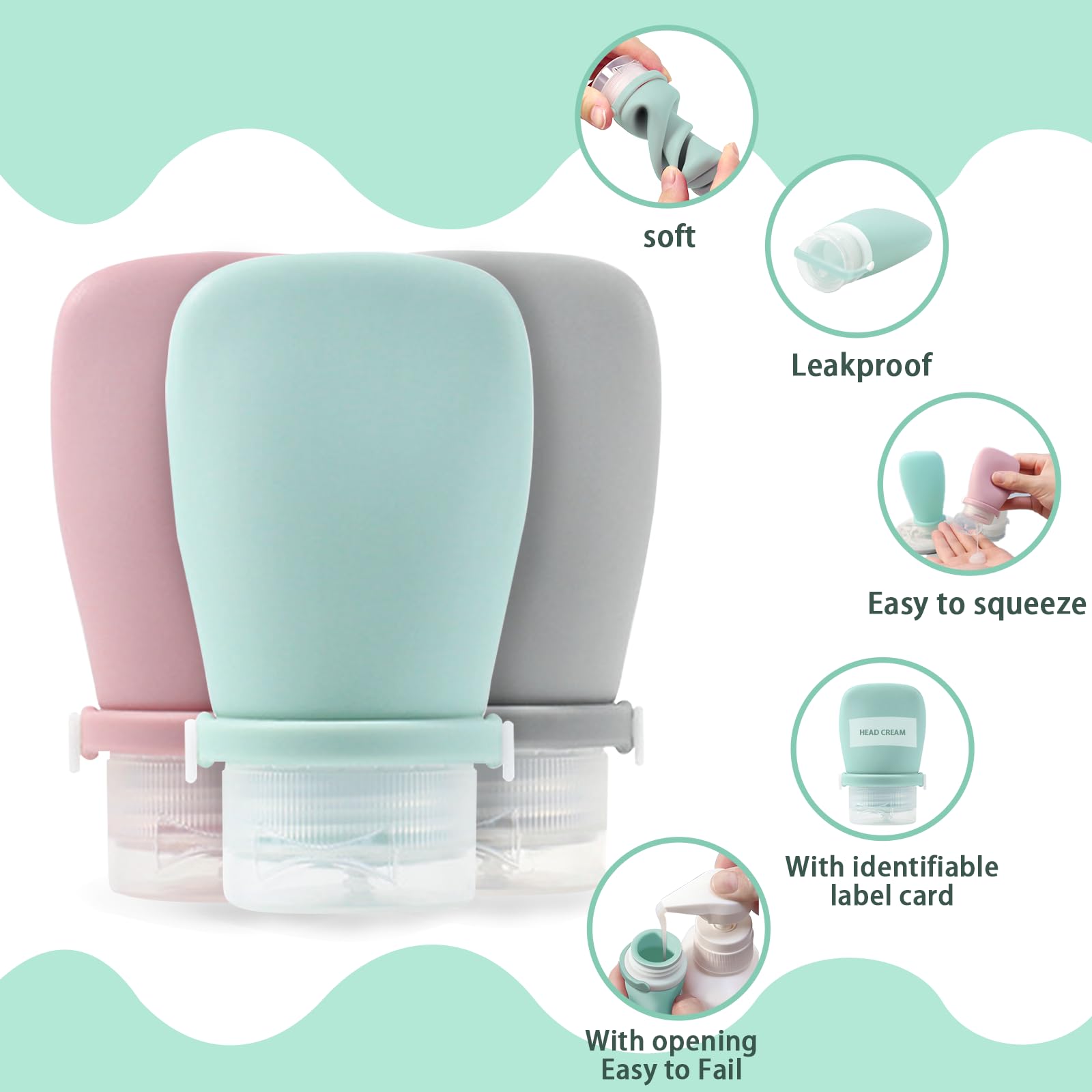 Silicone Travel Bottles Set for Toiletries Leak Proof Refillable Squeezable Containers Travel Containers 60ml(2oz) for Shampoo Conditioner Lotion Liquids Travel Containers with Storage Bag Tag - Image 2