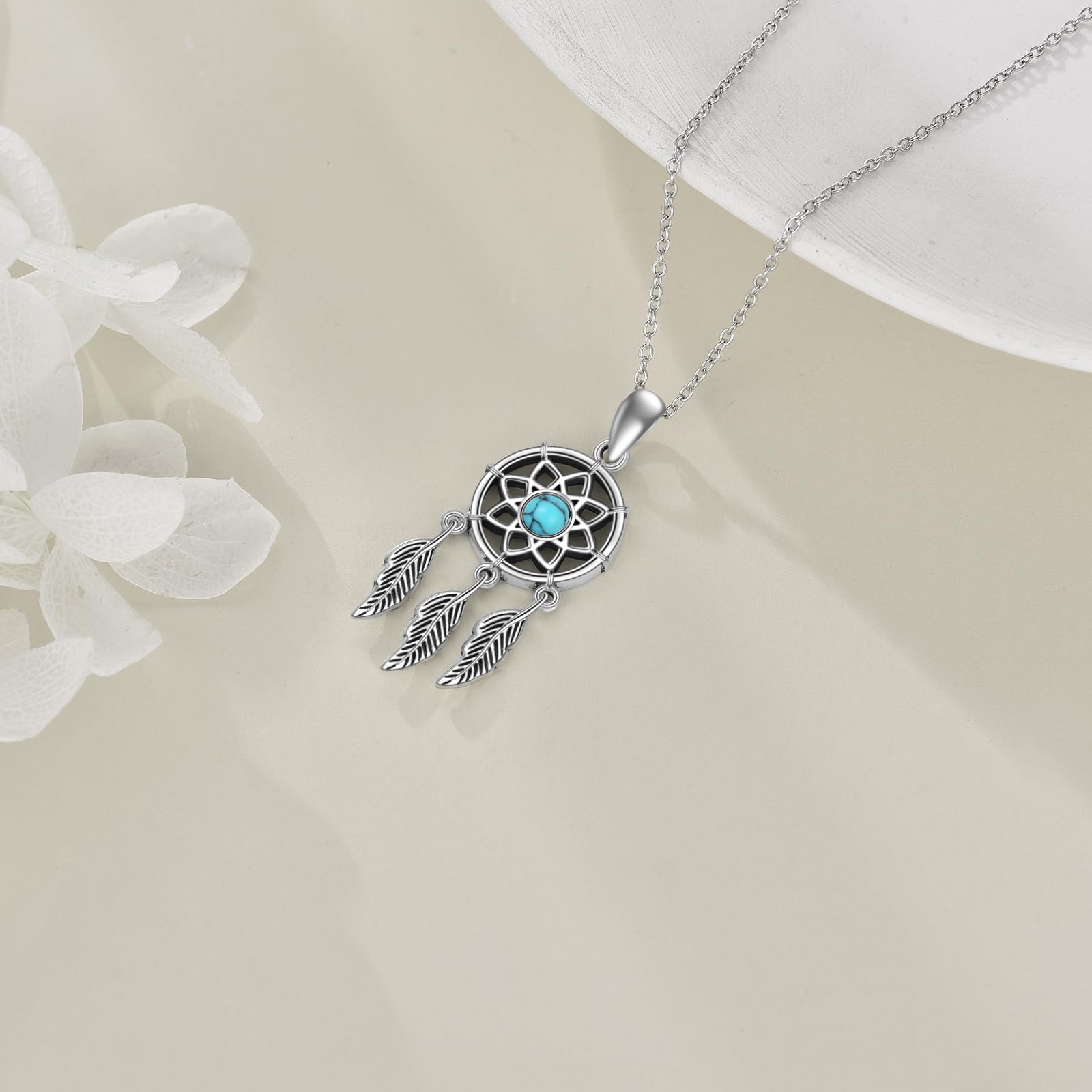 YFN Collana acchiappasogni, in argento Sterling 925, con piuma, acchiappasogni, ciondolo turchese, per donne, adolescenti e ragazze, 33*13mm, Argento sterling, Turchese sintetico