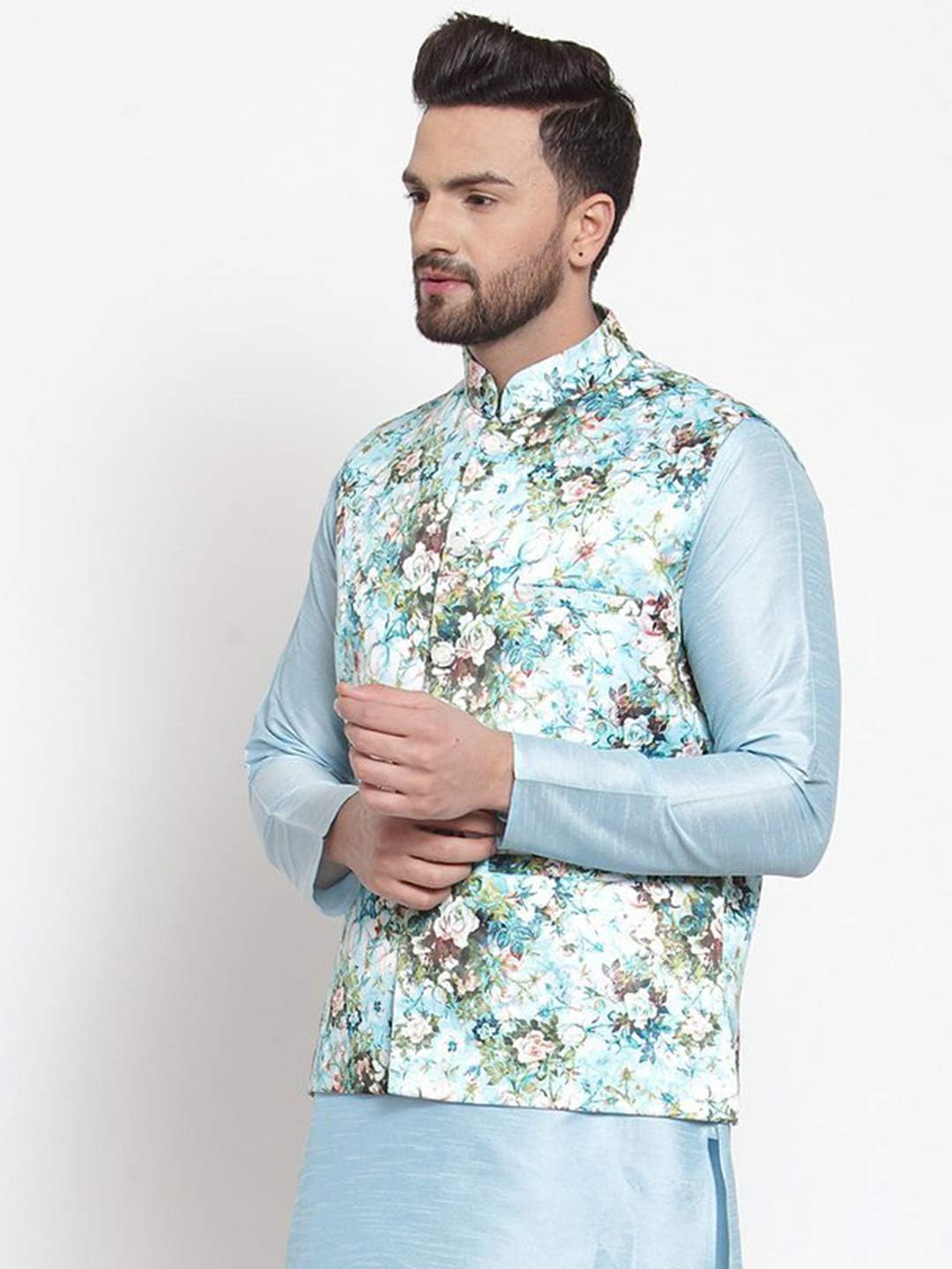 Elina fashion Men's Indian Satin Nehru Jacket || Printed Bandhgala Jodhpuri Sleeve Less ONLY Waistcoat