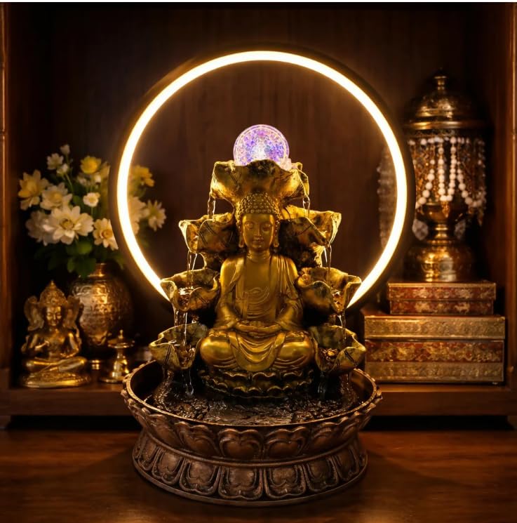 Buddha Water Fountain with LED Ring Light, Decorative Tabletop, Indoor Home Décor-image-0