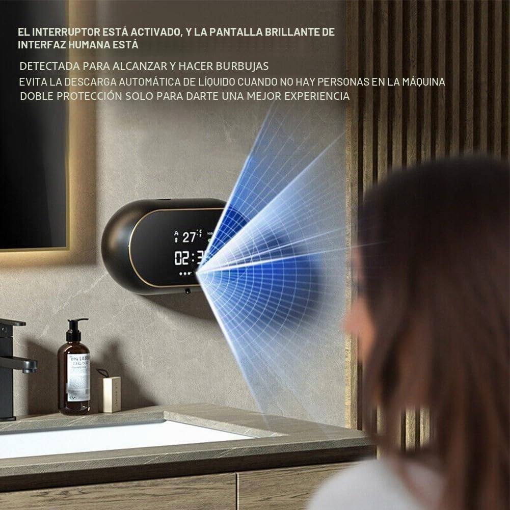Dispensador de jabón automático Daaxing 450ML, dispensador de jabón líquido montado en pared sin contacto, con sensor de infrarrojos, tiempo y temperatura, recargable por USB, dispensadores de jabón