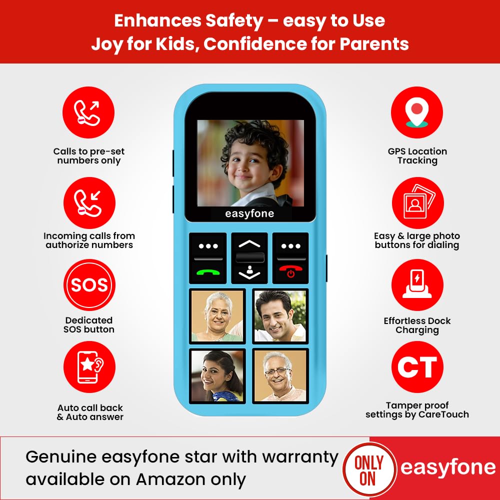 Easyfone Star phone displaying photo contacts on its keypad.