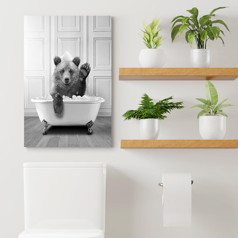 Lustiger Bär Wandkunst – Leinwandbild "Bär In Badewanne" Gerahmt 30,5 X 40,6 Cm, Farmhouse-Stil Für Badezimmer & Wohnzimmer