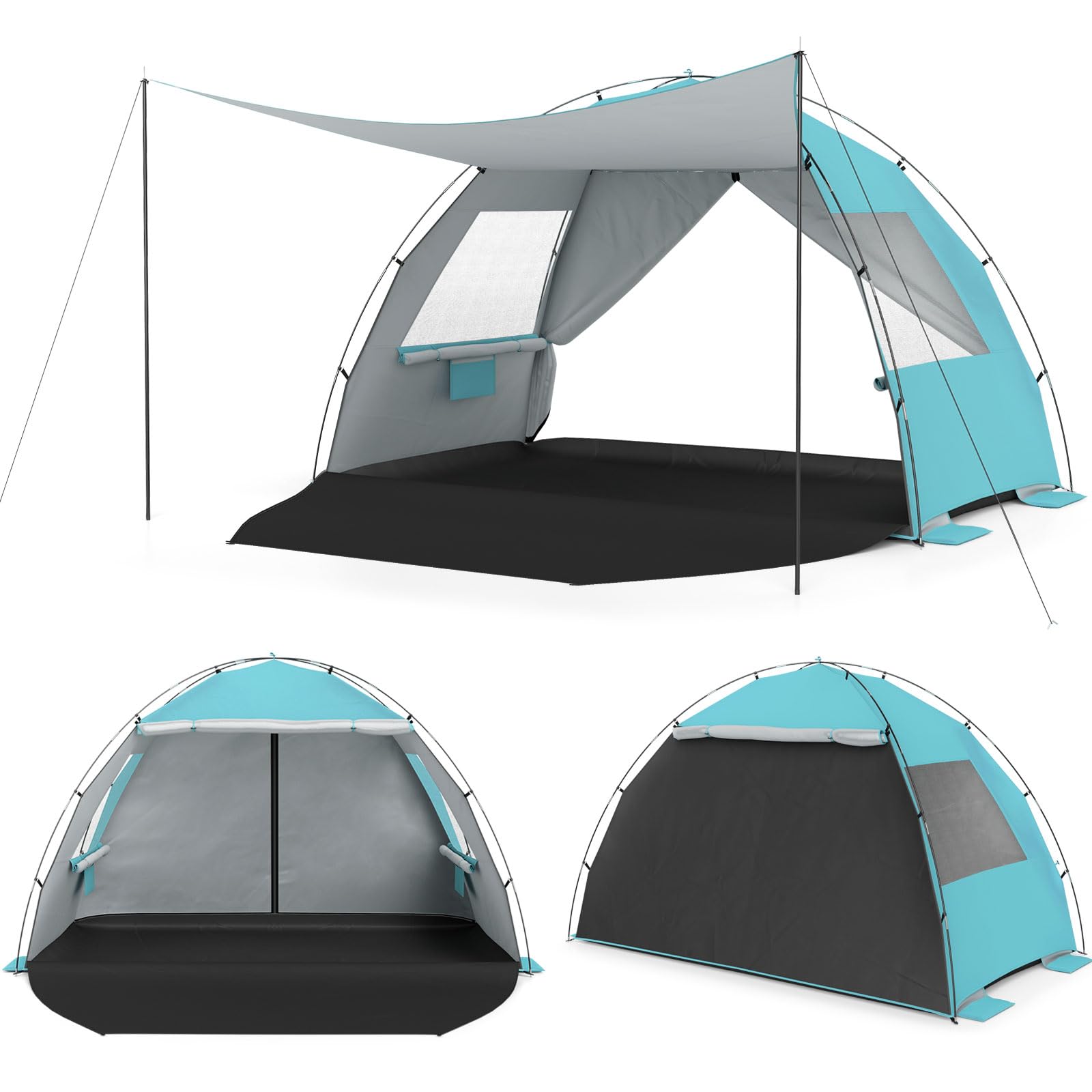 COSTWAY Tienda de Playa Plegable, 3-4/5-6 Personas, Carpa Camping con Toldo,Protección Solar UPF50+, Revestimiento Plateado, Bolsa de Transporte, Ventanas, Tienda de Campaña (260 x 150 x 160 cm,Azul)