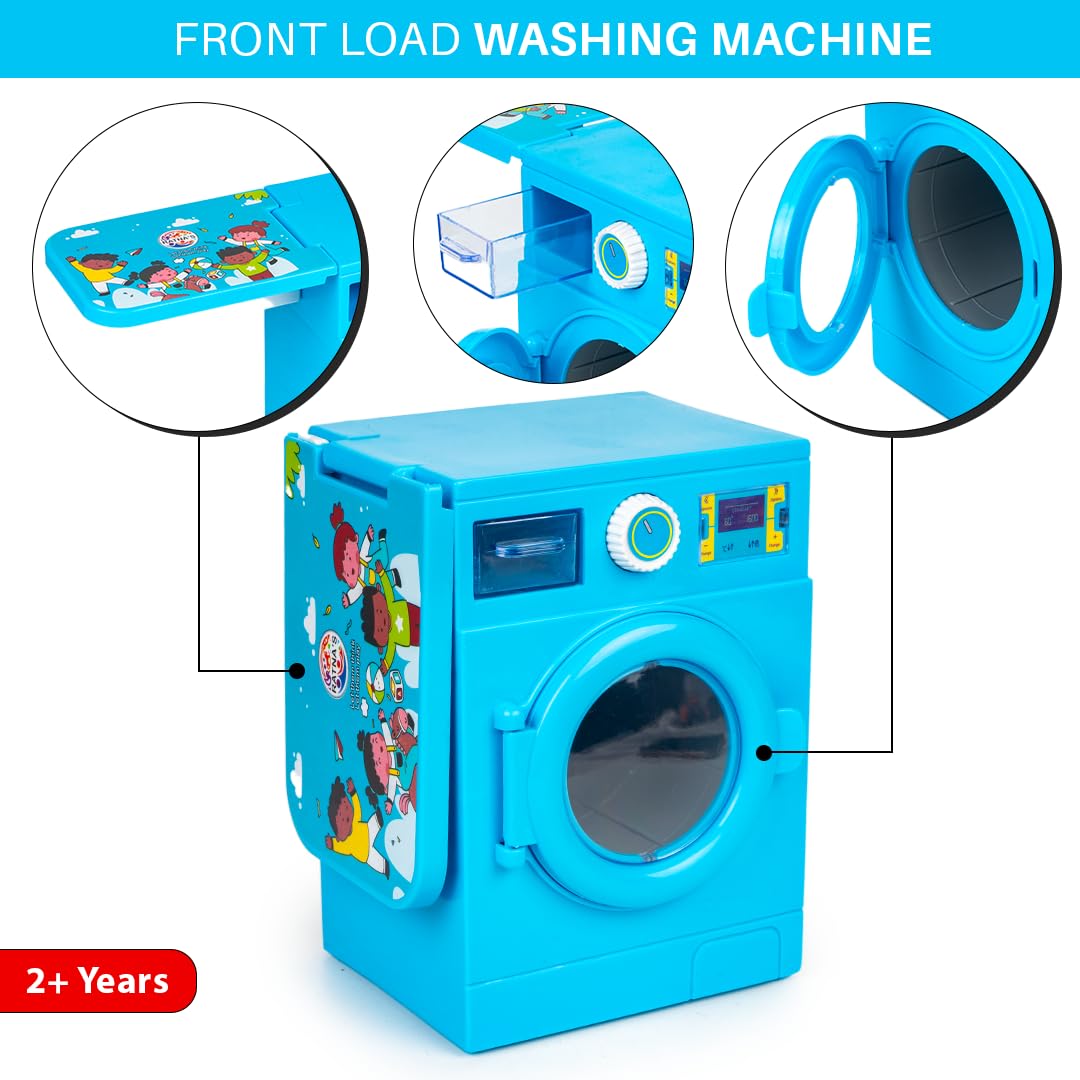 Ratna's Washing Machine Deluxe Blue Color with Front Load Door & Foldable Iron Table Household Pretend Play Role Play Plastic Toy for Kids