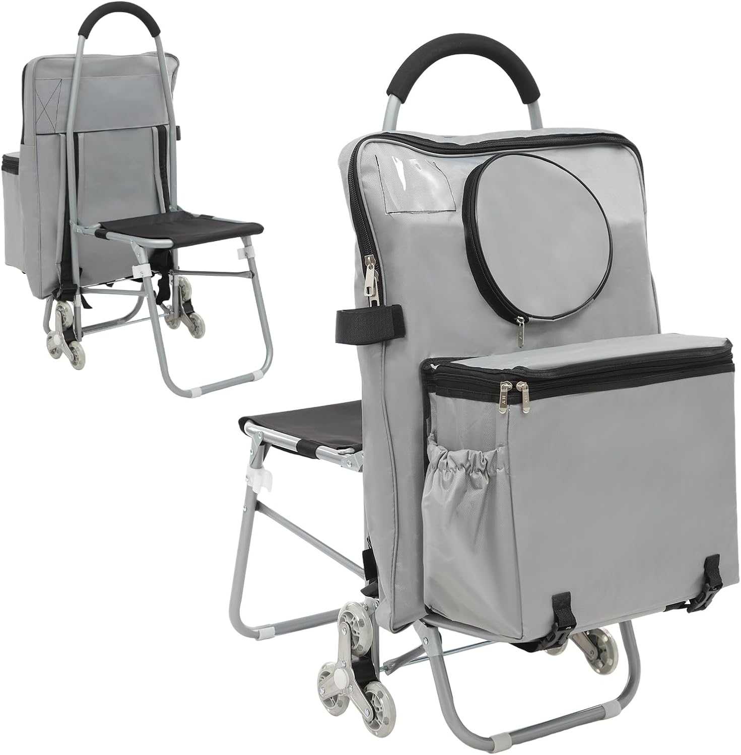 Foldable Rolling Art Cart with Seat for Outdoor Painting, Stair Climbing Carts Chair Shopping Carts with Built-in Seat, Removable Bag (Gray)