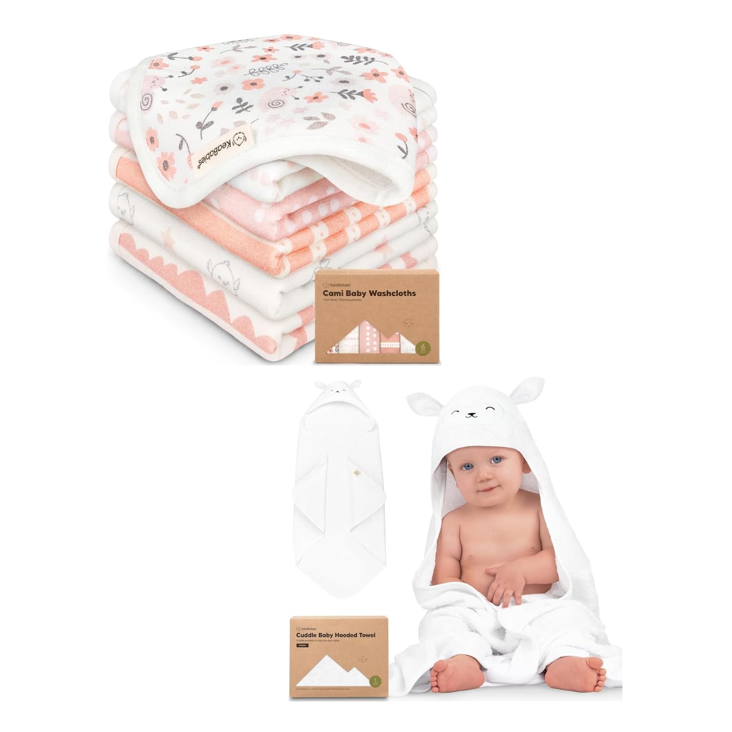 KeaBabies 6-Pack Cotton Baby Washcloths for Newborn, Kids and Baby Hooded Towel - Cotton Muslin Soft Wash Cloths, Super Absorbent & Scratch-Free Rag - Hooded Towel for Infant & Toddlers