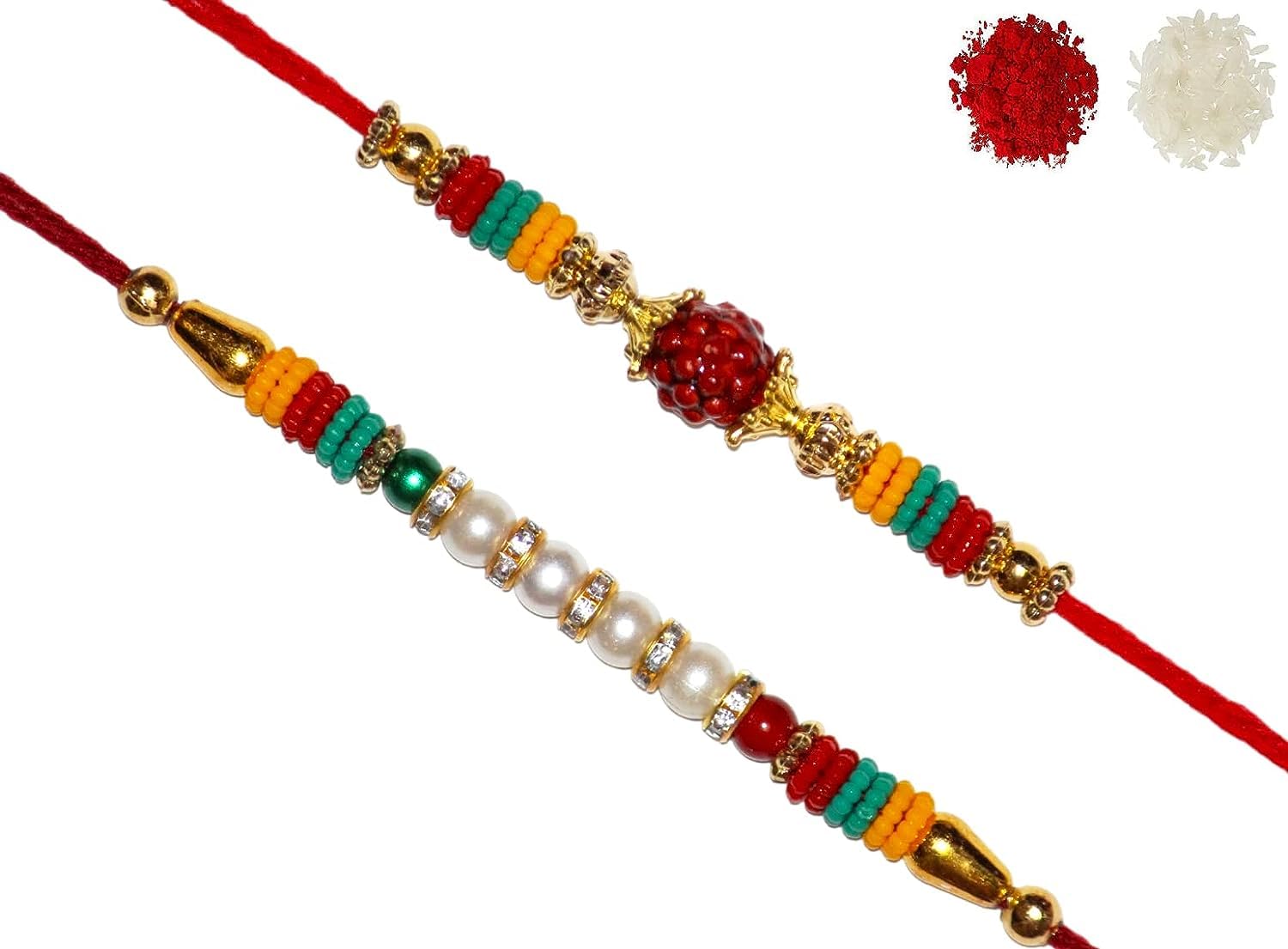 Nemi Enterprises Rudraksh & Multicolour Pearl Red Thread Set Of 2 Rakhi For Family & Bheiya Bhabhi Rakhi With ROLI CHAWAL(NE 170) (B0CFB21J3S) Amazon Price History, Amazon Price Tracker