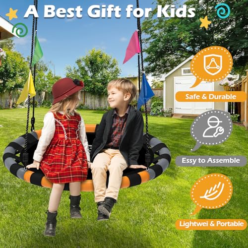 Image of HeyZoo Saucer Swing, 40 Inch Swing Sets for Backyard and Outdoor Playground, 900lbs Weight Capacity, with 360 Degree Swivel, Gifts for Kids, Grey and Orange
