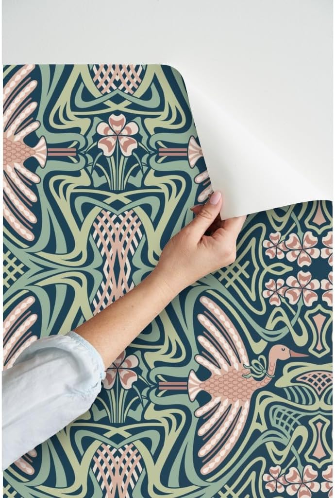 Peel & Stick Wallpaper 3ft x 2ft - Fly Crane Bird Green Pink Art Deco Mint Blush Nouveau Mauve Emerald Custom Removable Wallpaper by Spoonflower