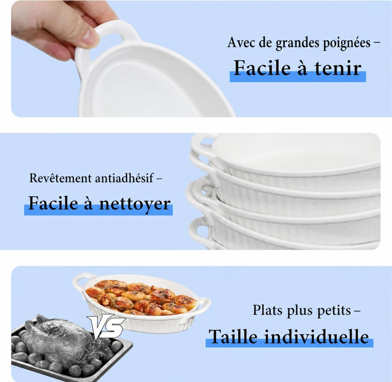 Lot de 6 Plats à Four Ovales en Céramique, 24 cm, Petits Plats à Lasagnes avec Poignées, Plat en Porcelaine Résistant à la Chaleur pour Gratin, Tapas, Hachis Parmentier et Rôtis, Blanc