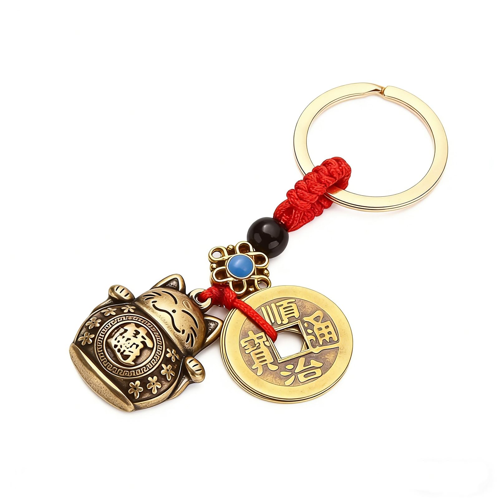 Porte Clés Maneki Neko Porte,Bonheur Japonais,Chat Porte Bonheur avec Feng Shui,Portes Clef Chat Chance pour Nouvel an Chinois,Lucky Charms Tai Sui Key Ring,avec Cinq Empereurs Argent