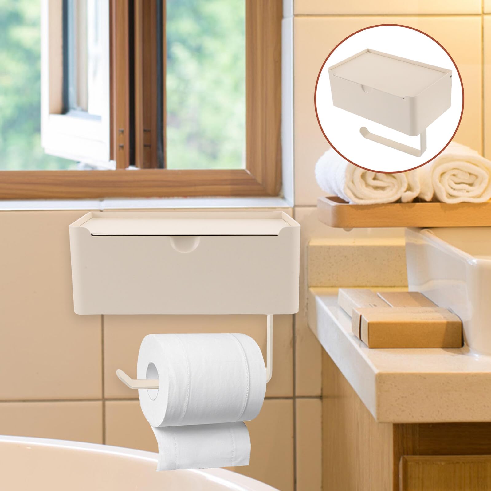 Toilettenpapierhalter ohne Bohren mit Abdeckung Wasserdichter Wandhalter für Badezimmer mit Integriertem Müllbeutelspender Selbstklebend Einfache Montage Cremeweiß
