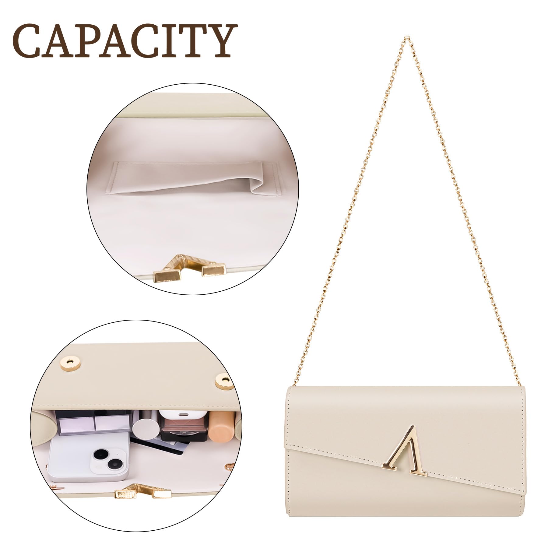 Larcenciel Pochettes et Clutches Femme Nude, Pochette Soiree Femme Élégant en Cuir PU Végétalien avec Chaîne, Sac a Main Crème à la Mode pour Mariage, Fete, Boule, Cocktail, Cérémonie 23x5x13CM