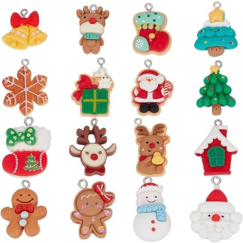 SUNNYCLUE Adornos de Navidad mini dijes de resina colgantes de Navidad copo de nieve muñeco de nieve árbol sombrero festival decoración accesorios,