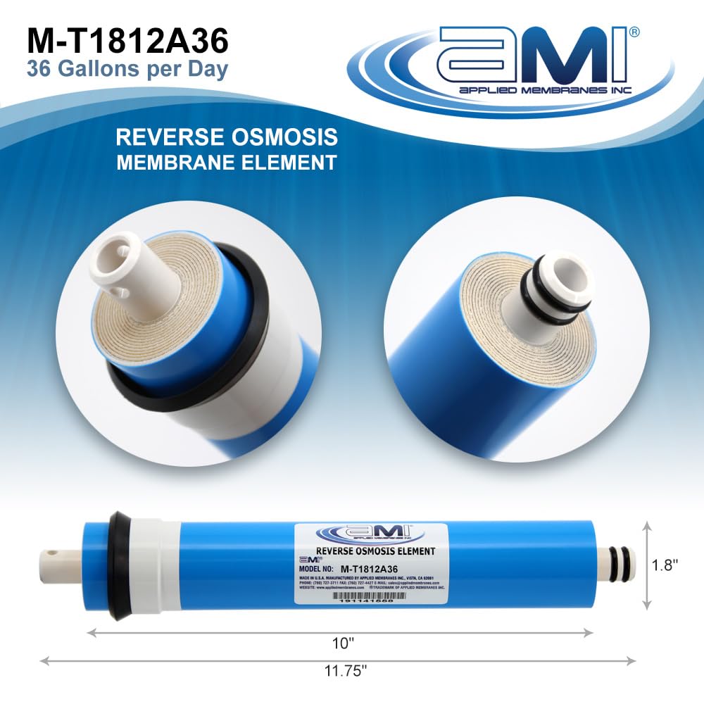 APPLIED MEMBRANES INC. Membrana de ósmosis inversa de 36 GPD | Filtro de agua de membrana RO de repuesto para sistema de filtración de agua por ósmosis inversa | Compatibilidad universal de 1.8 x 12