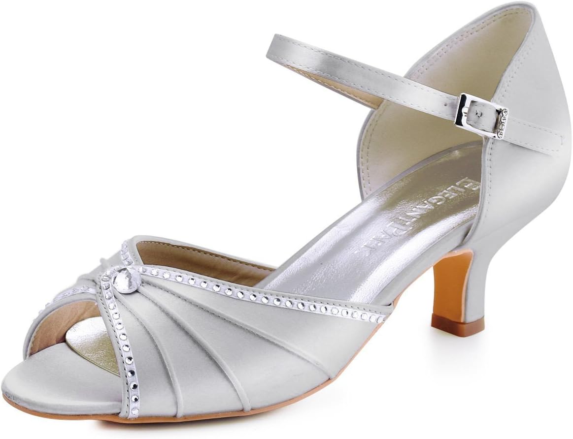 ELEGANTPARK HP1623 Silver Wedding Sandals for Women Mid Heel Bridal Shoes Peep Toe Wedding Shoes for Bride Pleated Rhinestones Satin Evening Prom Dress Shoes Pumps US 6