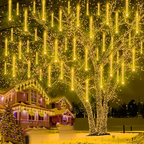 Purtuemy Christmas Lights Outdoor, Meteor Shower Falling 12 inch 8 Tubes Icicle Snow Raindrop Lights for Xmas Tree Holiday Party Decoration, UL Plug, Wram White