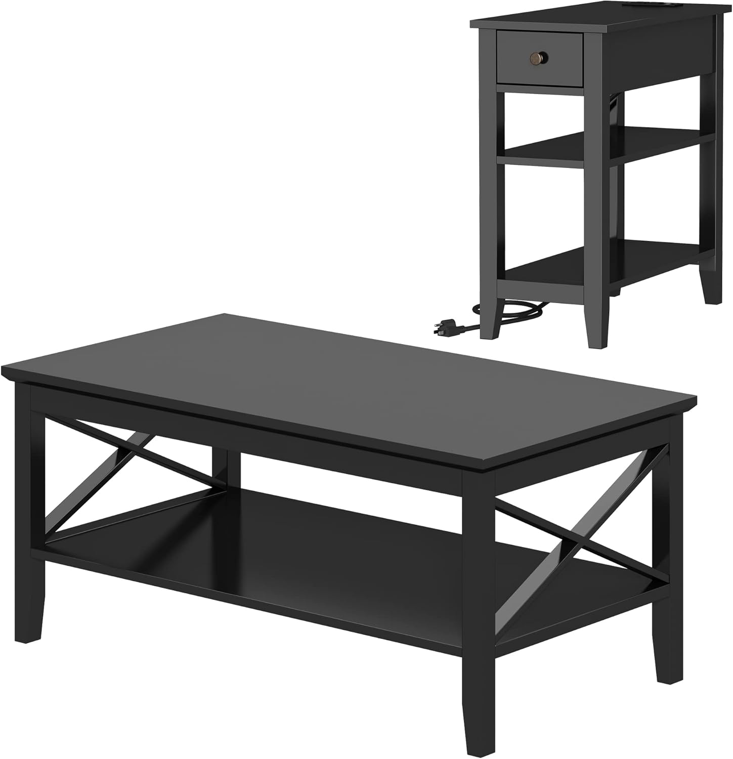 ChooChoo Oxford Coffee Table Bundle Narrow End Table, Black Sofa End Table Home
