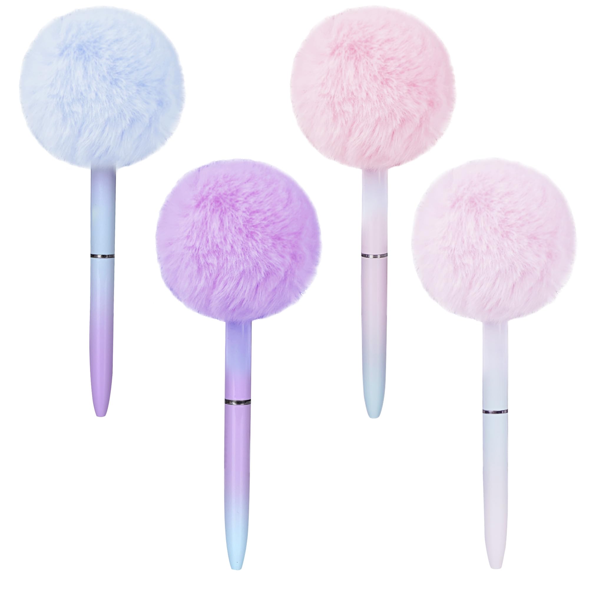 Biiange Mini Pom Pom Ballpoint Pen, Puffy Pens, Color Gradient Pen with Black Ink, Gift Pens for Christmas Stationery Carnival Birthday (4 Pieces,