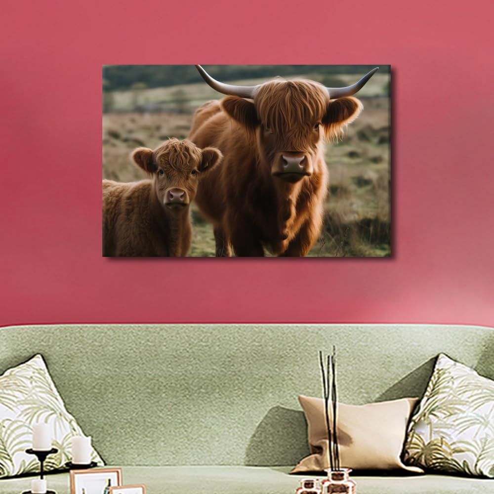 Highland Cow and Calf in Field Picture Poster Canvas Wall Art Livestock Animal Portrait Painting Prints Animal Poster Rustic Yak Artwork Farmhouse Home Living Room Bedroom Decoration 1Pcs(16"Wx24"H) - Image 4