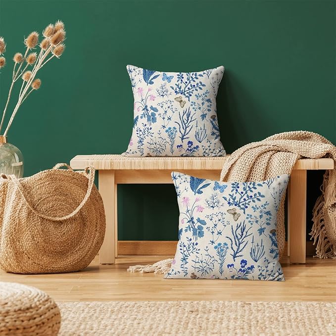Image of AEIOAE Summer Pillow Covers 22x22 Inch Set of 2,Blue Wild Flower Plant Throw Pillows Case,Seasonal Floral Outdoor Decorative Square Linen Farmhouse Decor Cushion Covers for Home Sofa Bed Couch
