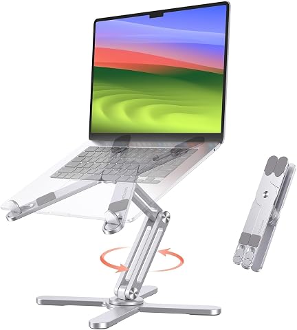 OMOTON LA10 360° Rotating Laptop Stand Riser for Desk, Ergonomic Foldable Adjustable Height for Laptops up to 16 inches, Silver