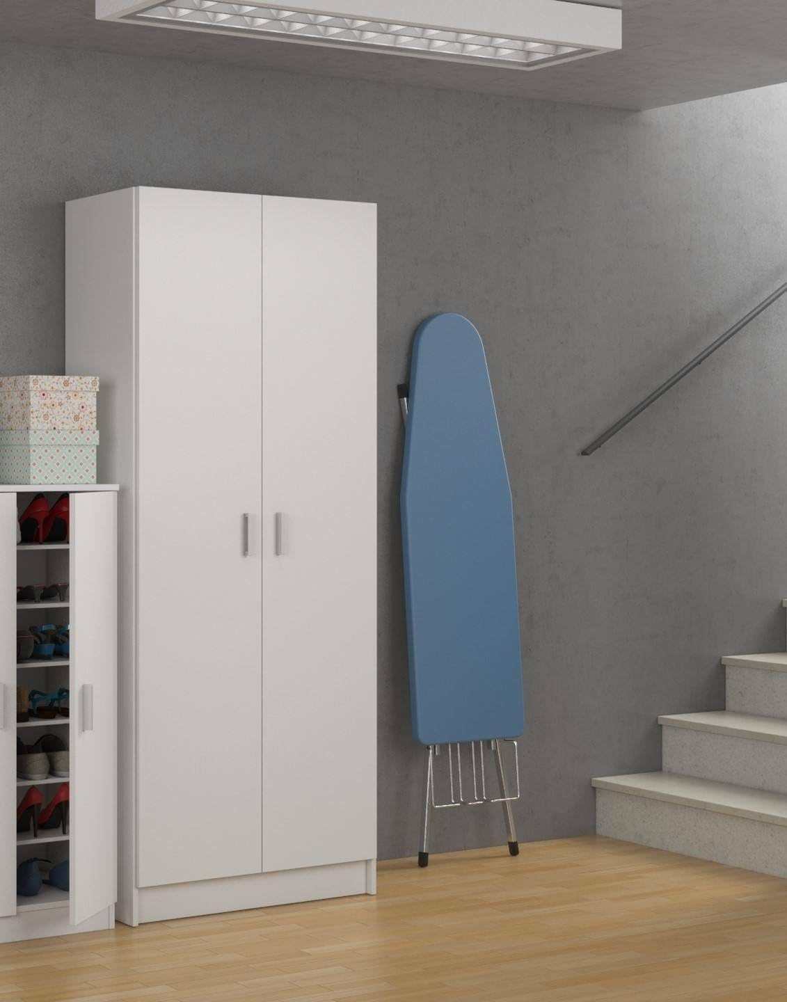 Dmora - Armadio multiuso 2 ante Charleston, Mobile porta scope, Scarpiera con ripiani, Guardaroba porta scarpe, cm73x37h180 cm, Bianco