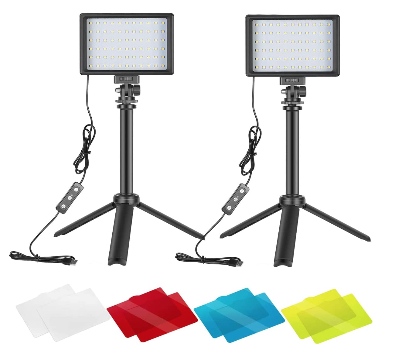2 Packs Portable Photography Lighting Kit Dimmable 5600K USB 66 LED Video Light with Mini Adjustable Tripod Stand and Colour Filters