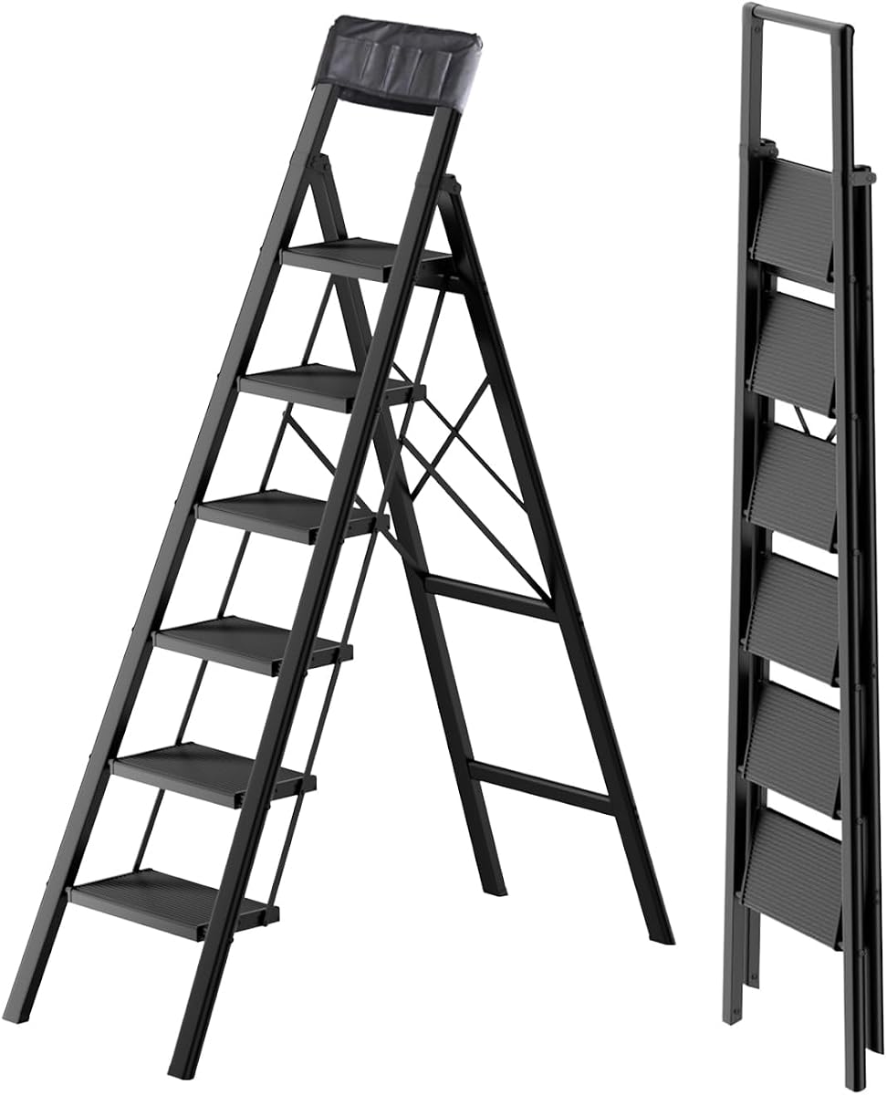 Folding 6 Step Ladder with Handrails, Foldable Step Stool, Black | Wide Anti-Slip Steps | Foldable Design Storage | For Kitchens and Closets | 300 lbs