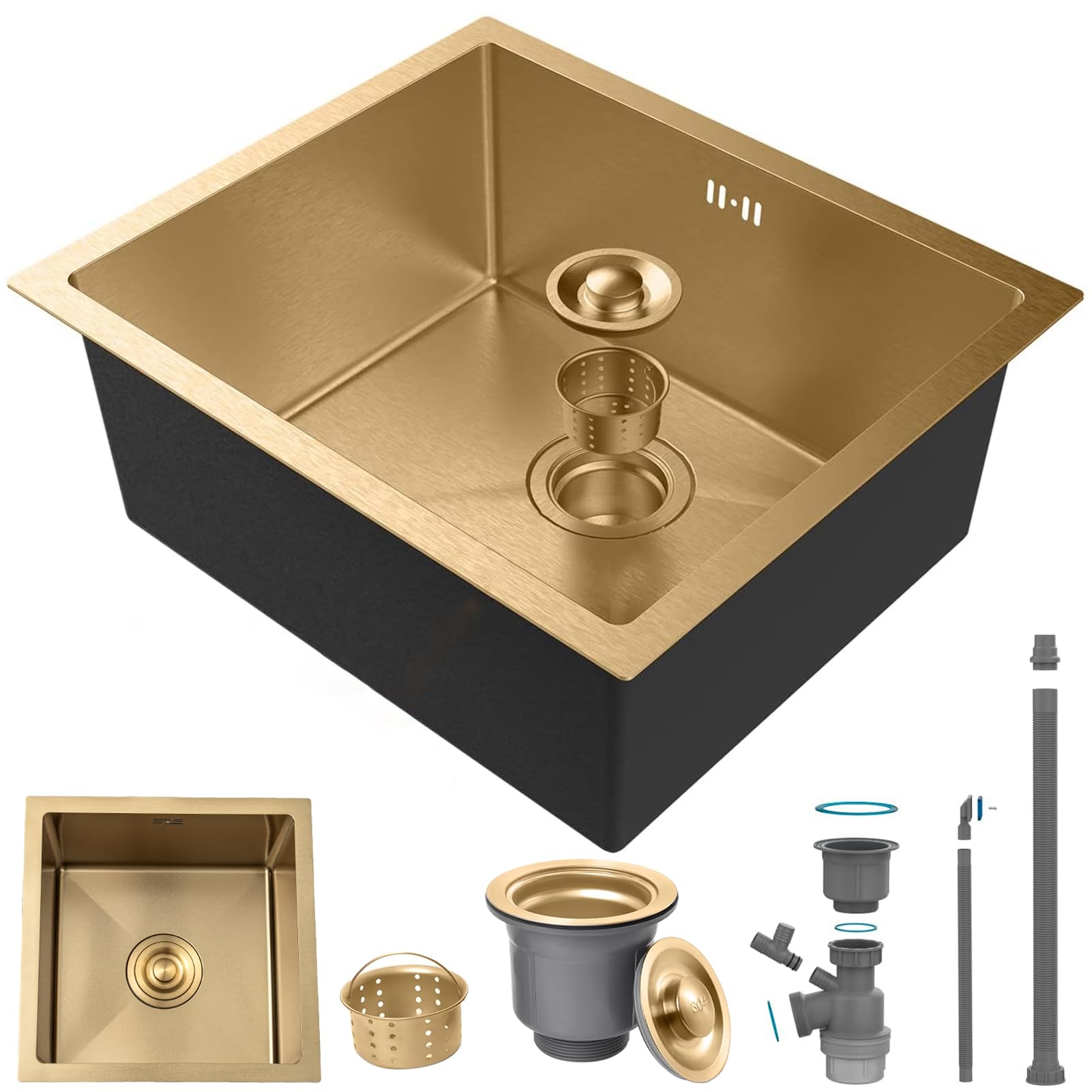ZQFHSX Stainless Steel Kitchen Sink,Small Sink, Undermount Single Bowl Outdoor Campervan Essential with Silencer Pad, Drainer Fittings, Drop in Flushmount Or Topmount Installation, Gold(45x45cm)