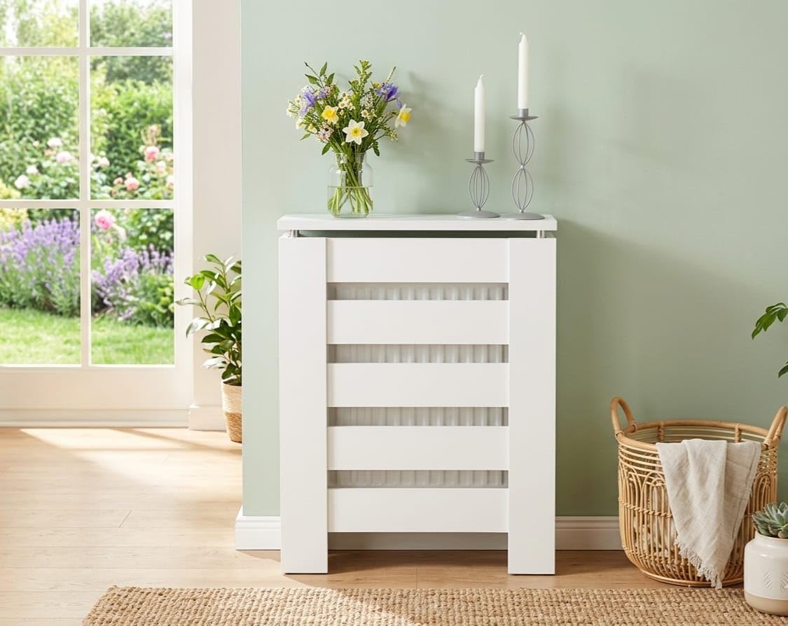 D&J Muebles Kit Cubre Radiador Blanco 60cm Moderno Hércules | Mueble Decorativo de Madera con Listones | Oculta Radiador con Fácil Montaje | (60cm - 90cm - 120cm) 60x83,5x19,5