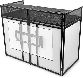 VONYX DB6 Pro Cabina DJ con supporto TV | Supporto TV fino a 65 pollici, Pieghevole, Pannelli Lycra Bianco e Nero, Capacità 25 kg, Con Custodia per Trasporto