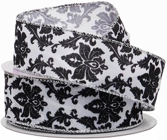 1 1/2インチ X 10ヤード ホワイト/ブラック ダマスク Flckd サテン 有線リボン ハロウィン