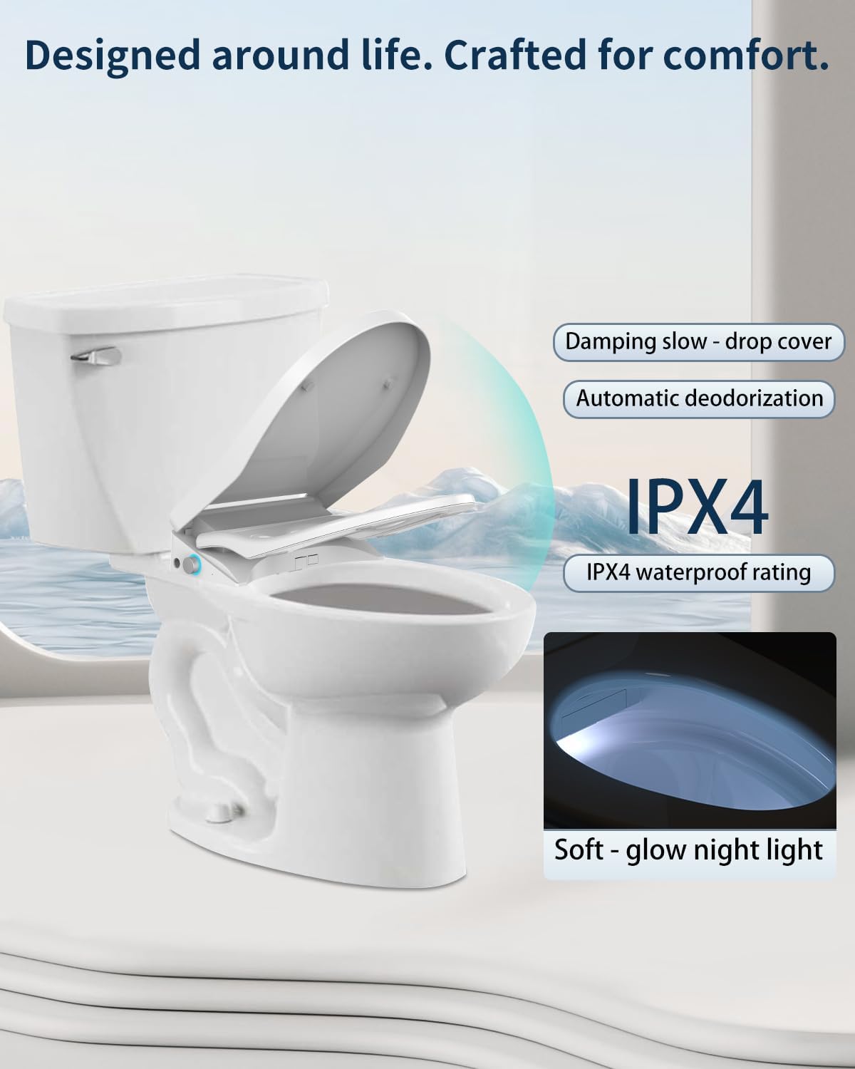 Smart Bidet Seat Elongated – Bidet with Dryer Heated, Warm Water, 4 Modes, Automatic Odor Removal, Remote Control | Smart Bidet with Night Light for Families